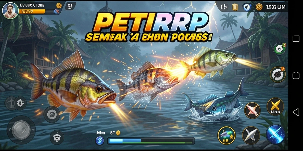 Tangkapan layar gameplay <strong>PETIRRP</strong> memperlihatkan aksi menembak ikan yang seru.